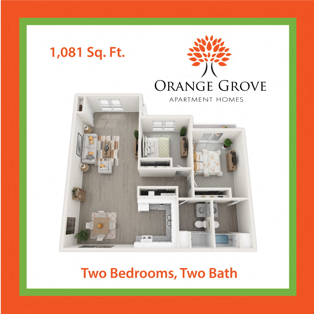 Floor plan for 2 beds, 2 baths, 1081 sqft